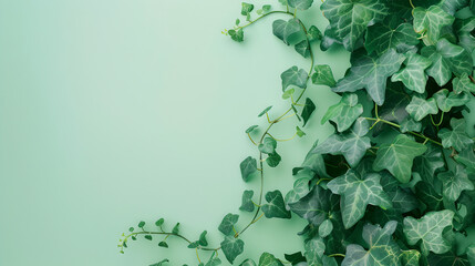 ivy climbing plant of right side of pastel colored green background with space for text - obrazy, fototapety, plakaty