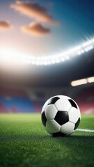 Fototapeta premium Soccer ball rests on grass of green field in front of majestic lit up, creating exciting atmosphere stadium. Scene captures essence of game, ready for action, excitement. Advertising, banner, print.