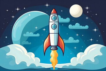 Naklejka premium Start of a Rocketship, space exploration, illustrated cartoon rocketship
