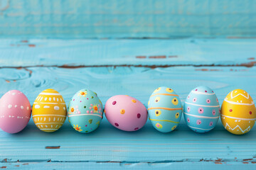 Decorated Easter eggs and space for text on color wooden background, top view