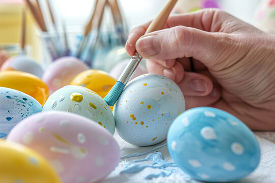 Young woman painting Easter eggs at home. 