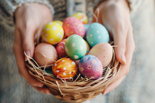A basket of Easter eggs is being held by a person. The eggs are of different colors and sizes, and they are arranged in a basket. The basket is placed on a grassy area