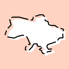 Ukraine country simplified map. White silhouette with black broken contour on pink background. Simple vector icon