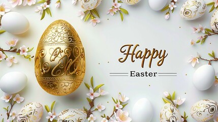 happy easter , with decorated Easter egg.   - obrazy, fototapety, plakaty