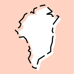 Greenland simplified map. White silhouette with black broken contour on pink background. Simple vector icon
