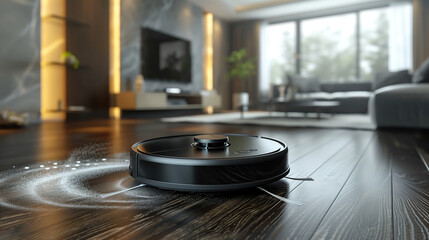 a robot vacuum cleaner cleaning a living room in a sleek style white background