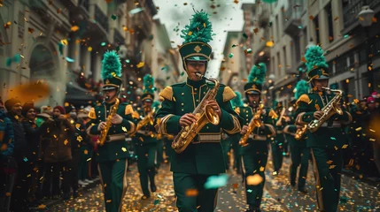 Foto op Plexiglas Verenigde Staten Energetic marching band in green uniforms. St. Patrick's Day parade