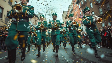 Energetic marching band in green uniforms. St. Patrick's Day parade