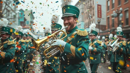 Energetic marching band in green uniforms. St. Patrick's Day parade - obrazy, fototapety, plakaty