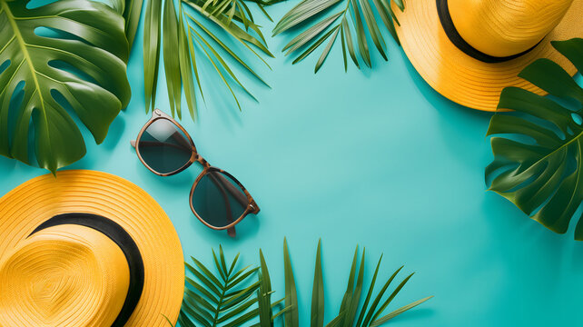 Hats, sunglasses, palm tree leaves on blue background. Blank, top view, still life, flat lay. Sea vacation travel concept tourism and resorts. Summer holidays. Neural network generated image. Not