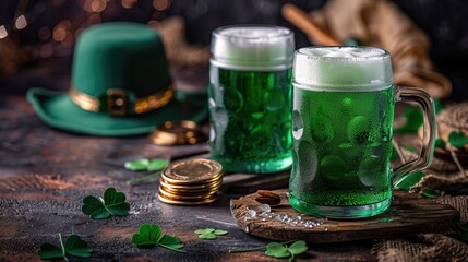 Pint of dark Irish stout beer with frothy foam head. Irish pub with St. Patrick's Day decor, green top hat, gold coins.
