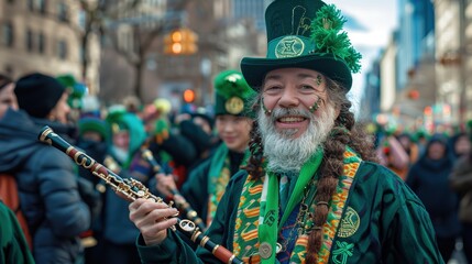 Naklejka premium A senior man with red beard at the St. Patrick's Day parade dressed as a leprechaun, with a green top hat and beard. Close-up wide format portrait.