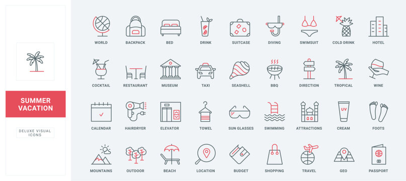 Summer beach vacation and travel line icons set. Backpack and suitcase for holidays, hotel and taxi, direction search, passport and restaurant thin black and red outline symbols vector illustration