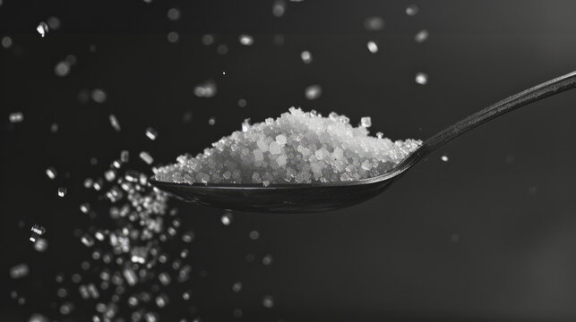 spoon cradling white sugar crystals, seen from a side angle.