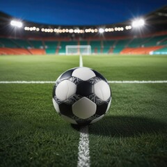 Soccer ball rests on grass of green field in front of majestic lit up, creating exciting atmosphere stadium. Scene captures essence of game, ready for action, excitement. Advertising, banner, print.
