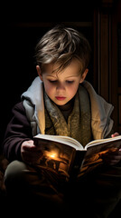 Fototapeta na wymiar Young Boy Immersed in Reading a Book, Embodying the Love for Knowledge and Imagination