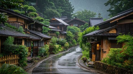 Fototapeta na wymiar beautiful, clean and tidy traditional Japanese local village of Japan, one of the most visit destination of the world for traveler.