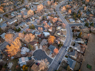 winter morning over a residential street in Fort Collins in northern Colorado, aerial view