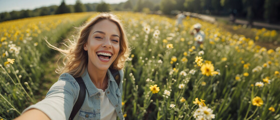 Happy 25 year old girl smiling and taking a selfie in a sunflower field, enjoying a sunny summer...