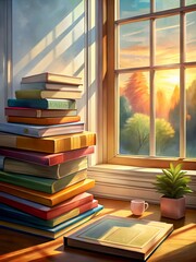 Illustration von Büchern auf einer Fensterbank. - obrazy, fototapety, plakaty