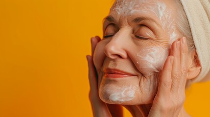 Aged woman taking care about face skin. Background concept