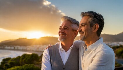 Obraz premium Happy gay couple of attractive mature men in love illuminated by a stunning sunset