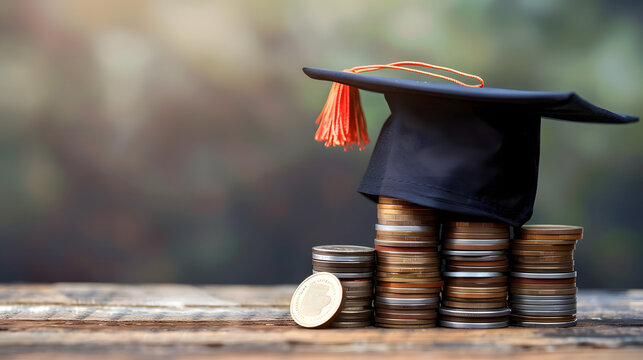 Graduation cap on saving coins for concept finance and education scholarships.