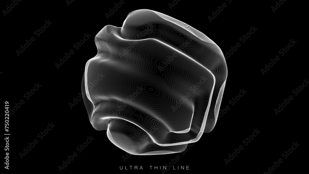 Poster ultra thin line fluid geometry. dynamic vector distorted spheres.
