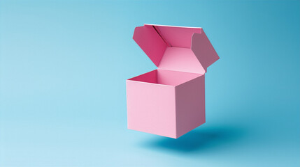 Pink open box floating on blue background.