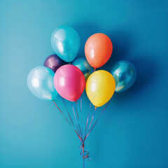 Colorful glossy balloons floating on blue background.