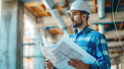 The construction worker wearing a helmet and sporting a beard is studying a blueprint at the building site. AIG41