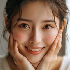 Beautiful happy Asian model girl model with natural clear skin touching her cheeks. A closeup of face.