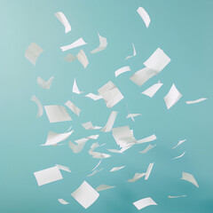 White papers are falling in the blue background.