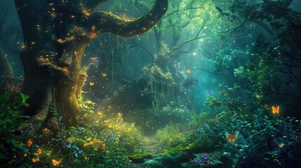 An enchanted forest with magical creatures, glowing plants, ancient trees, a hidden fairy village, mystical ambiance. Resplendent.