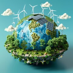 Earth globe with green energy as wind turbines and solar panels