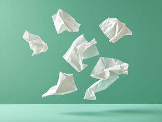 White crumpled paper tissues flying in the air on a green background.