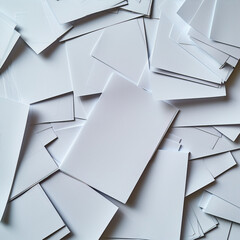 White paper sheets scattered randomly on a flat surface creating an abstract minimal background - obrazy, fototapety, plakaty