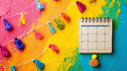 Colorful streamers and a blank calendar on a rainbow-like painted background.