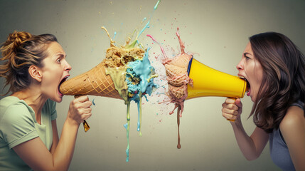 Two women in????megaphone????having????icecream???? argument