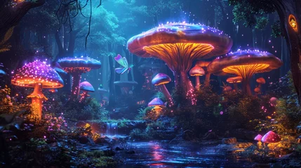 Foto op Plexiglas An ethereal scene of an enchanted forest illuminated by the soft glow of mystical, oversized mushrooms along a serene stream. Resplendent. © Summit Art Creations