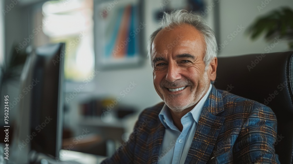 Aufkleber smiling man sitting in chair in front of computer