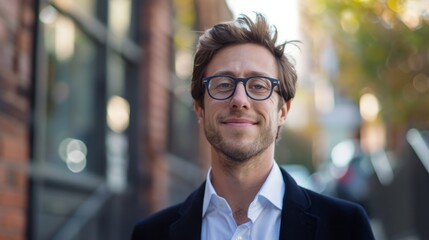 Fototapeta premium Man Wearing Glasses Standing on Sidewalk