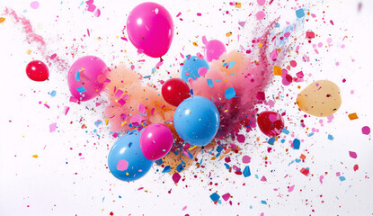 Balloons and confetti explosion on white background.