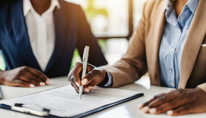 Woman's hand signing contract with agent at white table, symbolizing trust and commitment in insurance and real estate deals - obrazy, fototapety, plakaty