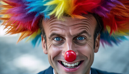 Funny closeup portrait of a male politician wearing a clown wig and red nose - obrazy, fototapety, plakaty