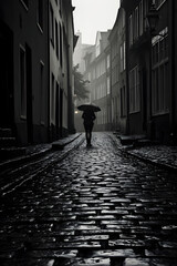 Rainy Day On Historic Cobblestone Street In Black and White: A Glimpse Into Time Past