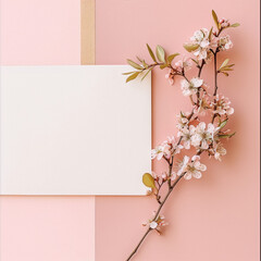 Pink and white cherry blossom branch with blank paper card on pastel pink background.