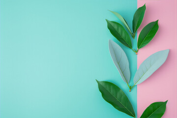 Fototapeta na wymiar Fresh green leaves on a blue and pink background.