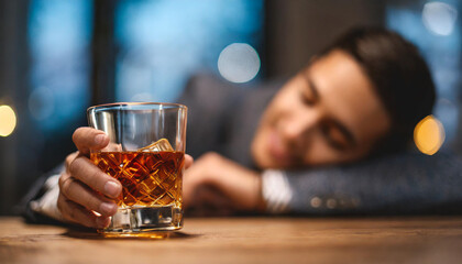 passed out, head on table, hand holding whiskey, blurred background, symbolizing alcoholism and dependency