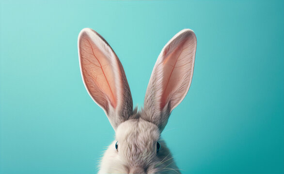 Cute bunny rabbit with big ears on blue background, 3D illustration